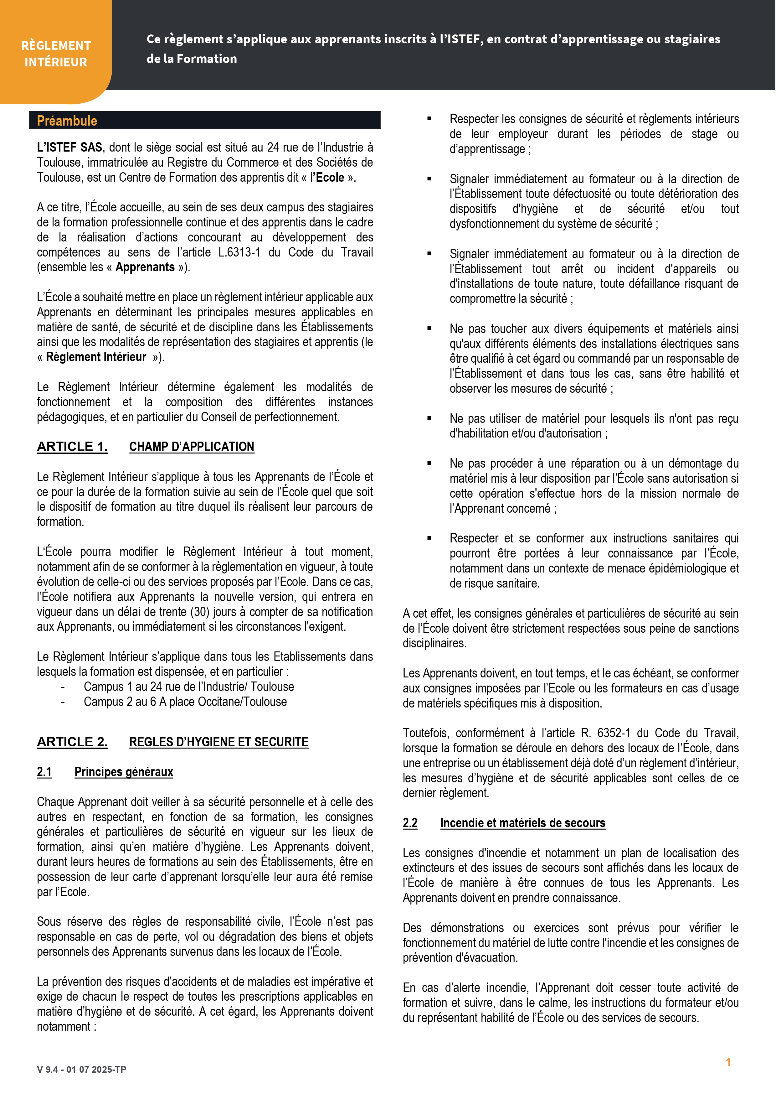 Règlements intérieur page 1